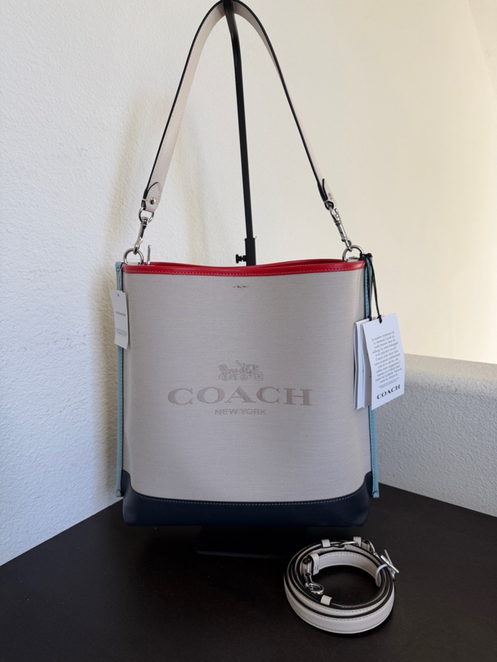 NWT Coach Colorblock Canvas Mollie Bucket Bag — Cream, Red, Navy & Yellow.